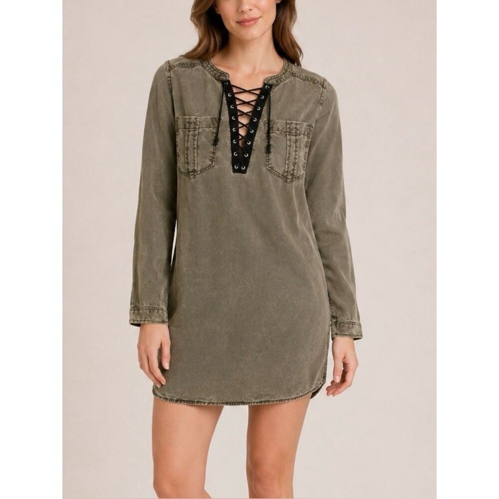 Express Lace Up Front Shirt Dress Army Green Size S